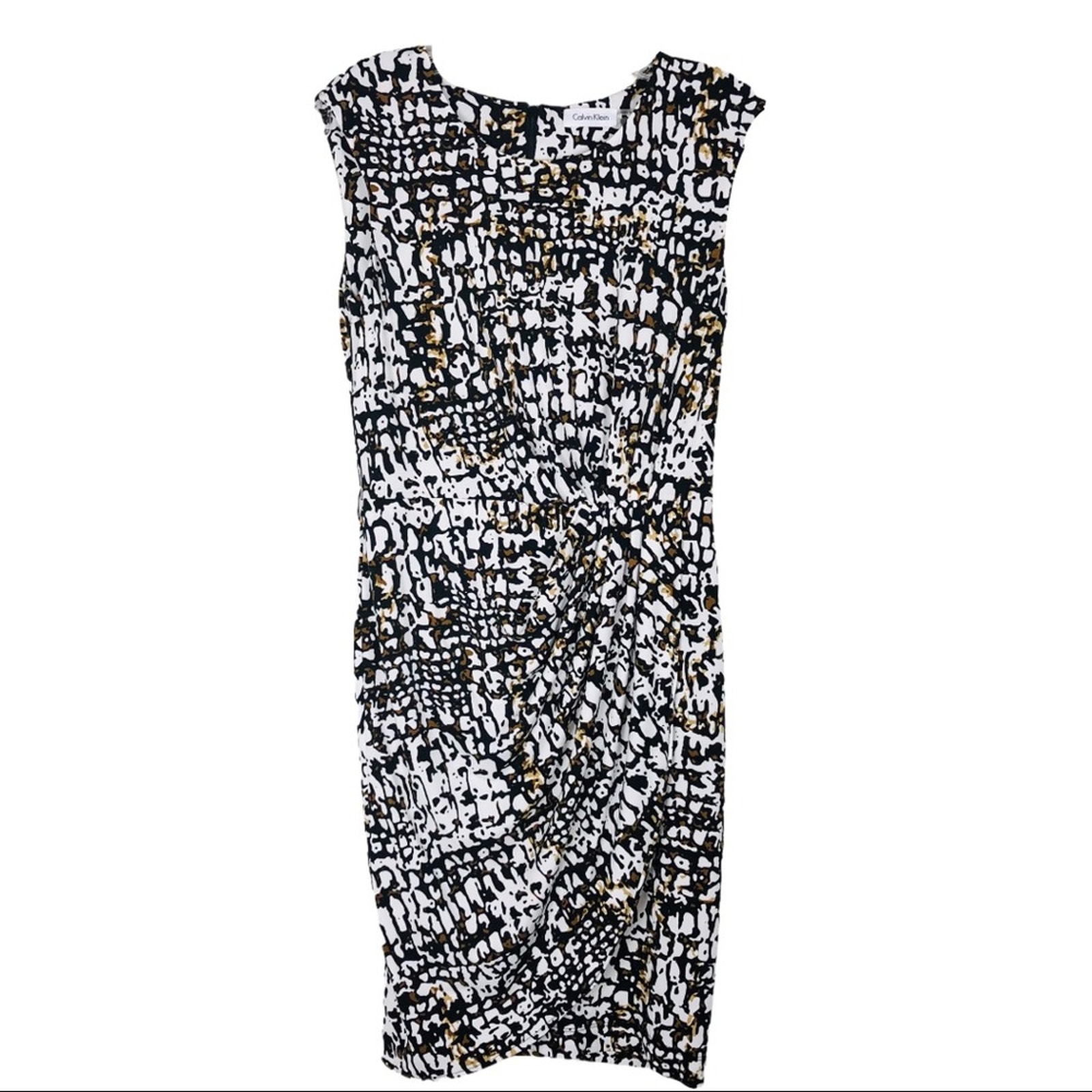 Calvin Klein White Black Abstract Faux Wrap Dress